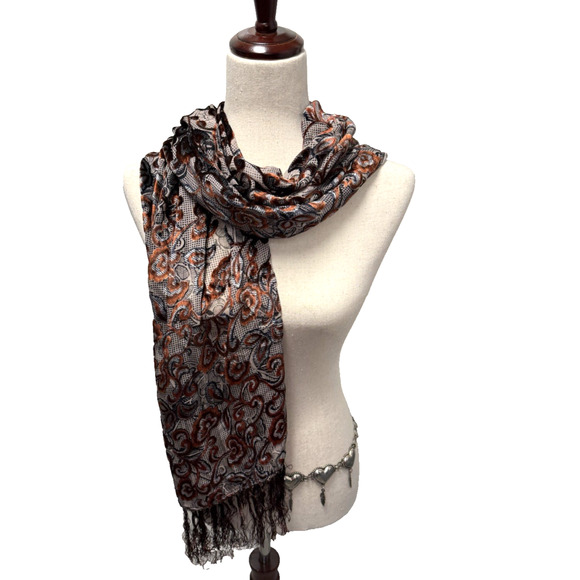 Silk Burnout Velvet Satin Floral Scarf Black Brown Fringe 20 X 68 Inch - Picture 8 of 11